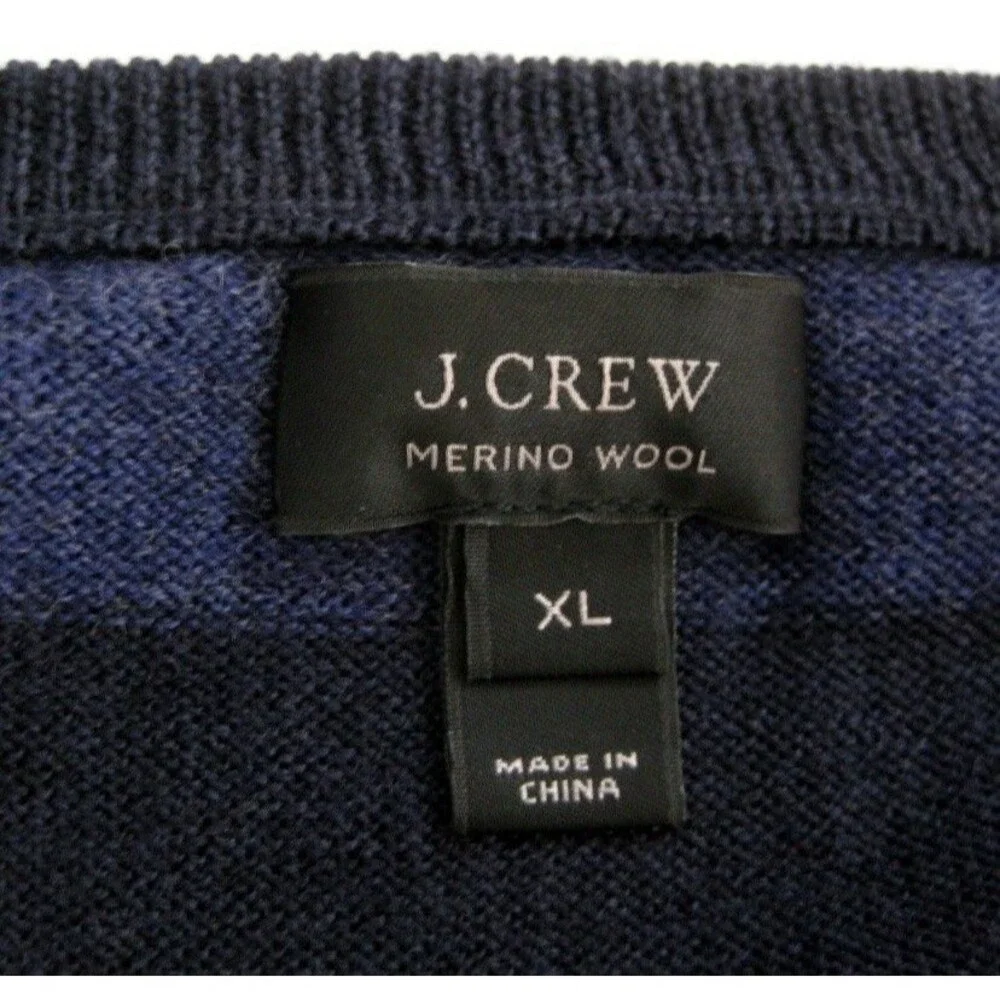 J Crew Mens Sweater Merino Wool XL Preppy Luxury Blue Black Striped Pullover